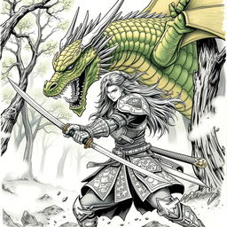 A detailed manga-style sketch of a dynamic battle scene, featuring a heroic warrior with long flowing hair, wearing ornate armor that reflects Japanese samurai aesthetics