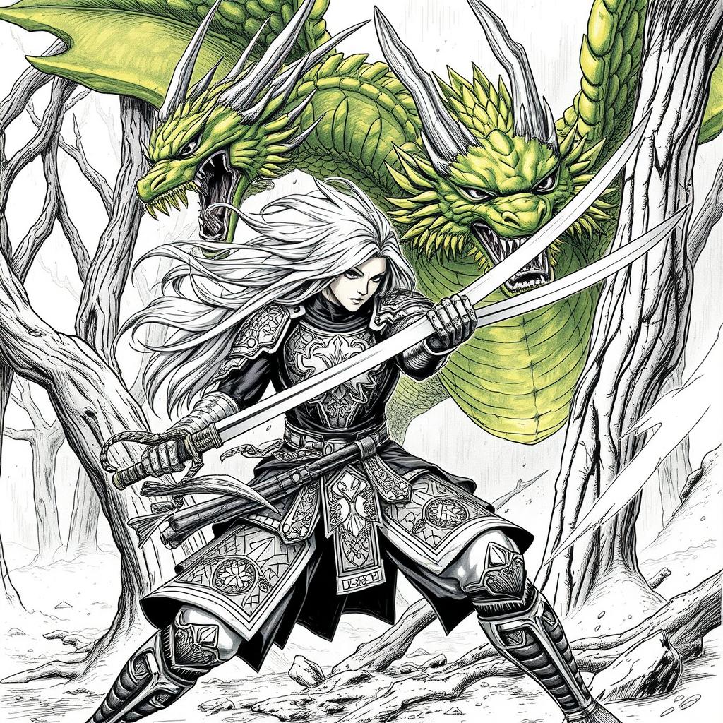 A detailed manga-style sketch of a dynamic battle scene, featuring a heroic warrior with long flowing hair, wearing ornate armor that reflects Japanese samurai aesthetics