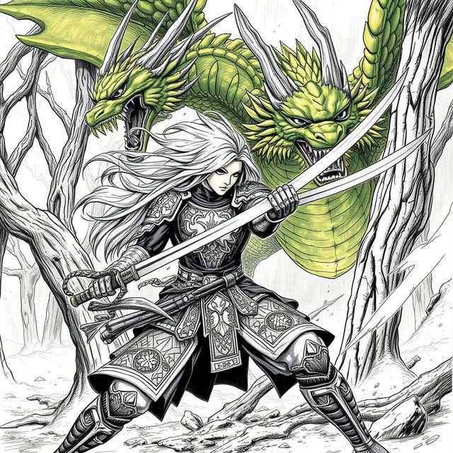 A detailed manga-style sketch of a dynamic battle scene, featuring a heroic warrior with long flowing hair, wearing ornate armor that reflects Japanese samurai aesthetics