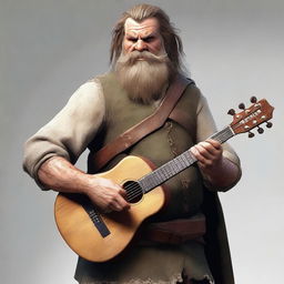 An ultra-realistic digital art image portraying a scruffy-looking, mute bard with a thick beard