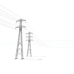 A high-voltage transmission line stretching across a bright white background, showcasing tall metal towers and numerous wires that crisscross the sky