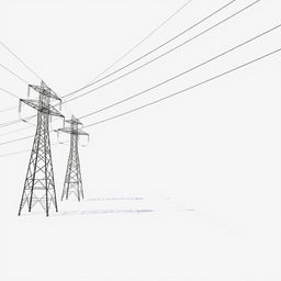 A high-voltage transmission line stretching across a bright white background, showcasing tall metal towers and numerous wires that crisscross the sky