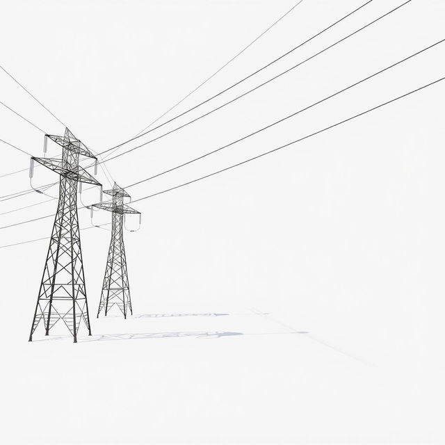 A high-voltage transmission line stretching across a bright white background, showcasing tall metal towers and numerous wires that crisscross the sky