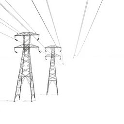 A high-voltage transmission line stretching across a bright white background, showcasing tall metal towers and numerous wires that crisscross the sky