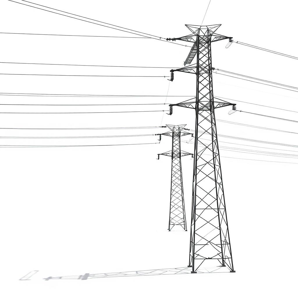 A high-voltage transmission line stretching across a bright white background, showcasing tall metal towers and numerous wires that crisscross the sky