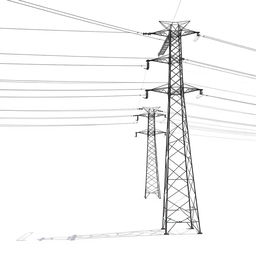 A high-voltage transmission line stretching across a bright white background, showcasing tall metal towers and numerous wires that crisscross the sky