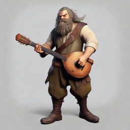 An ultra-realistic digital art image portraying a scruffy-looking, mute bard with a thick beard