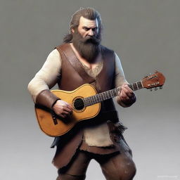 An ultra-realistic digital art image portraying a scruffy-looking, mute bard with a thick beard