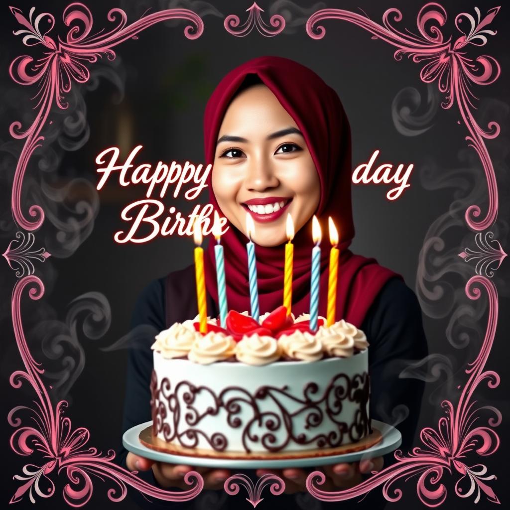 A beautiful adult Indonesian woman with an oval face, wearing a maroon hijab, is holding a stunning and luxurious birthday cake complete with candles