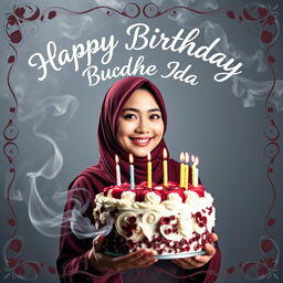A beautiful adult Indonesian woman with an oval face, wearing a maroon hijab, is holding a stunning and luxurious birthday cake complete with candles