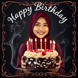 A beautiful adult Indonesian woman with an oval face, wearing a maroon hijab, is holding a stunning and luxurious birthday cake complete with candles
