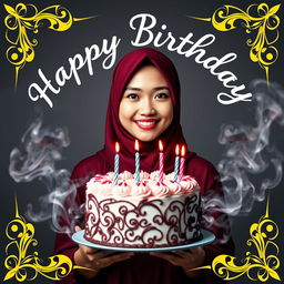 A beautiful adult Indonesian woman with an oval face, wearing a maroon hijab, is holding a stunning and luxurious birthday cake complete with candles