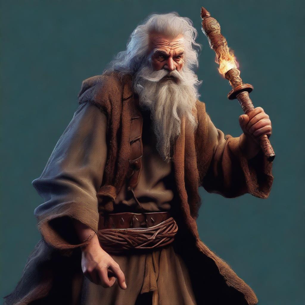 This is an ultra-realistic digital art image featuring a scruffy-looking, mute, bearded wild magic sorcerer