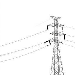 A high voltage three-phase transmission line against a white background