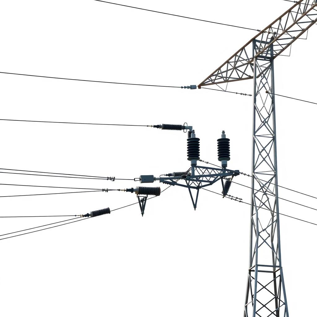 A high voltage three-phase transmission line against a white background