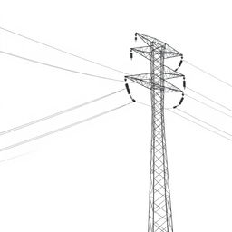 A high voltage three-phase transmission line against a white background