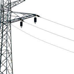 A high voltage three-phase transmission line against a white background
