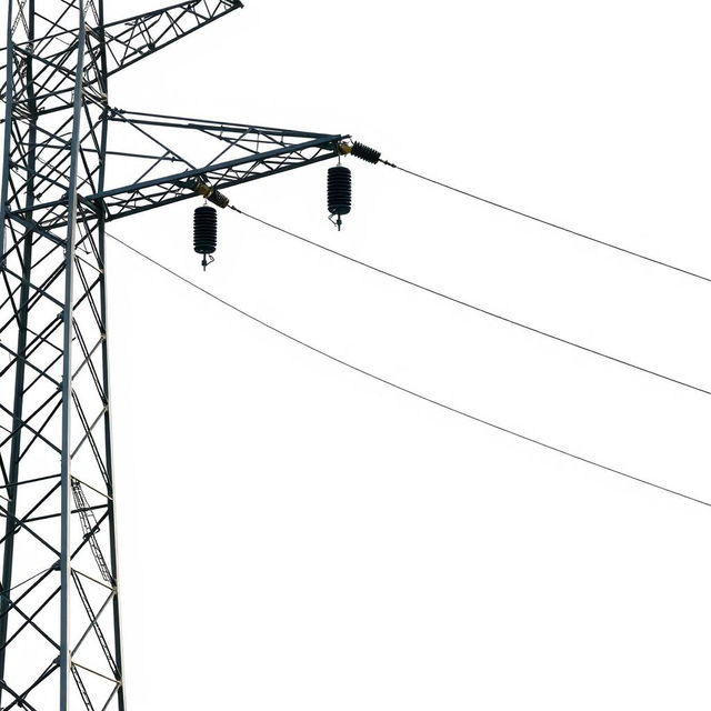 A high voltage three-phase transmission line against a white background