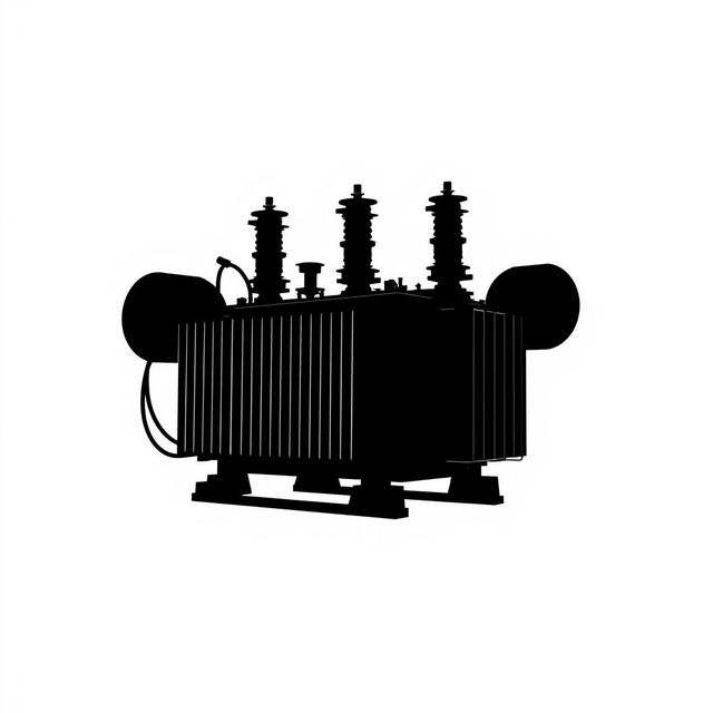 A silhouette of a power transformer, depicted in a striking and bold manner, set against a pure white background