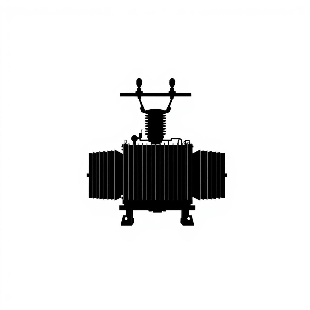 A silhouette of a power transformer, depicted in a striking and bold manner, set against a pure white background