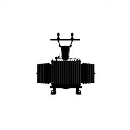 A silhouette of a power transformer, depicted in a striking and bold manner, set against a pure white background