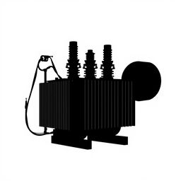 A silhouette of a power transformer, depicted in a striking and bold manner, set against a pure white background
