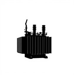 A silhouette of a power transformer, depicted in a striking and bold manner, set against a pure white background