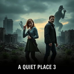 An intense and atmospheric movie poster for 'A Quiet Place 3' featuring Emily Blunt and Cillian Murphy