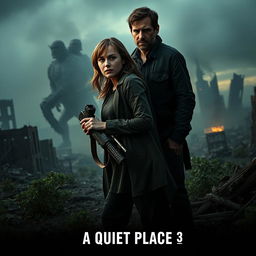 An intense and atmospheric movie poster for 'A Quiet Place 3' featuring Emily Blunt and Cillian Murphy