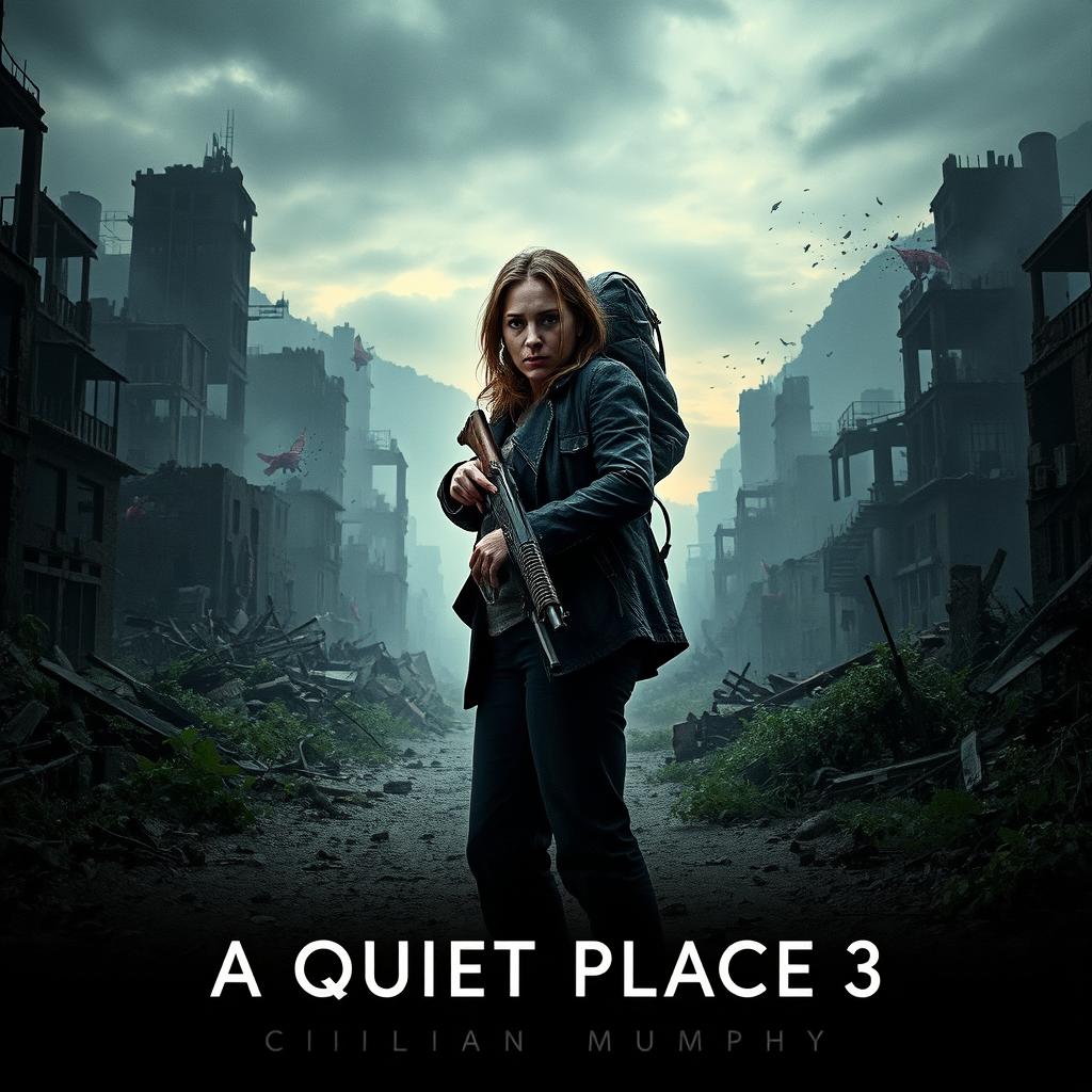 An intense and atmospheric movie poster for 'A Quiet Place 3' featuring Emily Blunt and Cillian Murphy