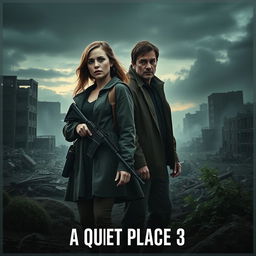 An intense and atmospheric movie poster for 'A Quiet Place 3' featuring Emily Blunt and Cillian Murphy