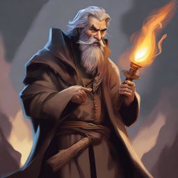 A fantasy-style digital art image features a scruffy-looking, mute, bearded wild magic sorcerer with a goofy and funny persona