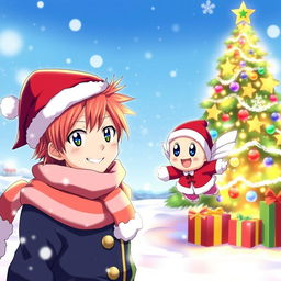 A vibrant and festive wallpaper featuring Natsu Dragneel and Happy from the anime Fairy Tail, celebrating Christmas
