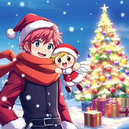 A vibrant and festive wallpaper featuring Natsu Dragneel and Happy from the anime Fairy Tail, celebrating Christmas