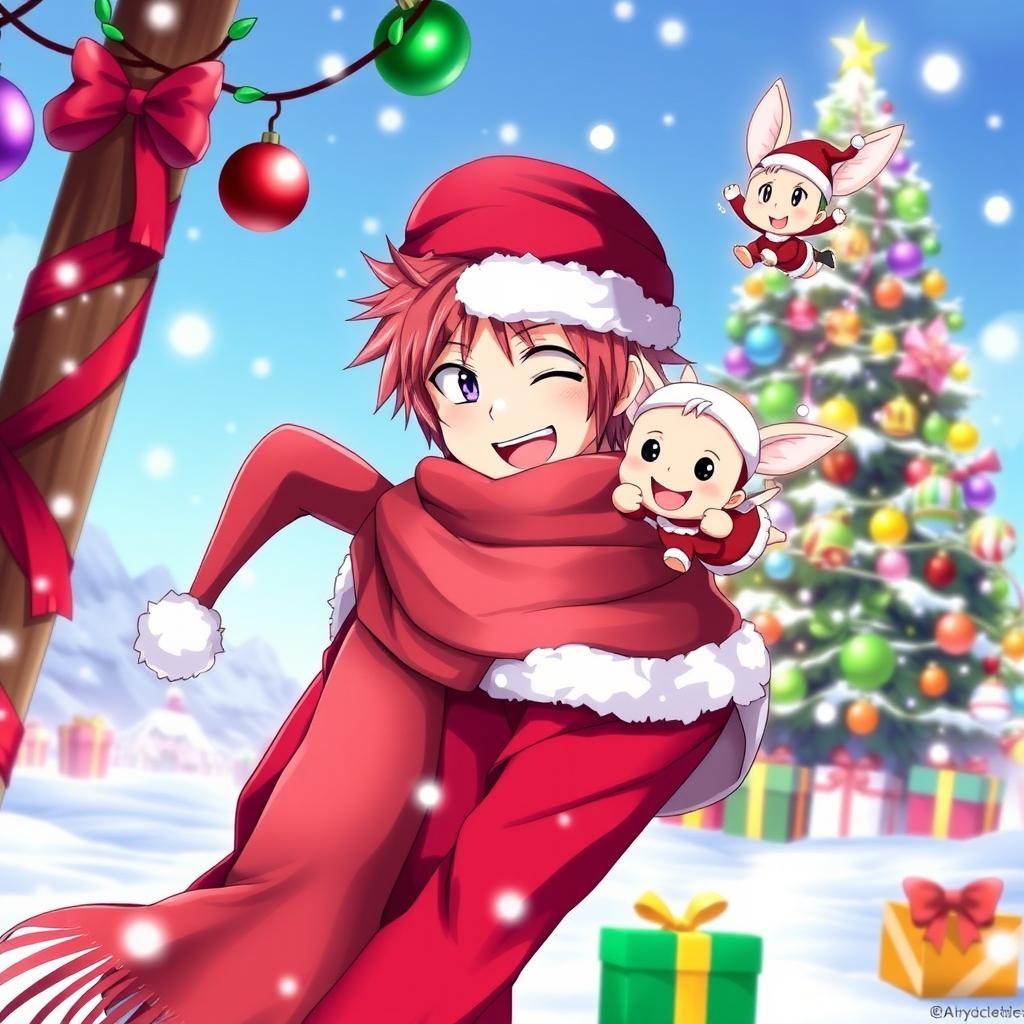 A vibrant and festive wallpaper featuring Natsu Dragneel and Happy from the anime Fairy Tail, celebrating Christmas
