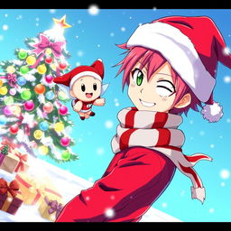 A vibrant and festive wallpaper featuring Natsu Dragneel and Happy from the anime Fairy Tail, celebrating Christmas