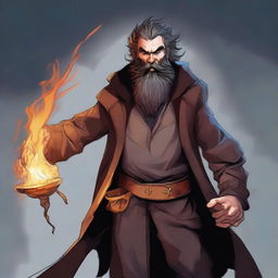 A fantasy-style digital art image features a scruffy-looking, mute, bearded wild magic sorcerer with a goofy and funny persona