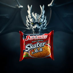 A striking depiction of Indomie packaging prominently featuring a logo that showcases the name 'Skater 1