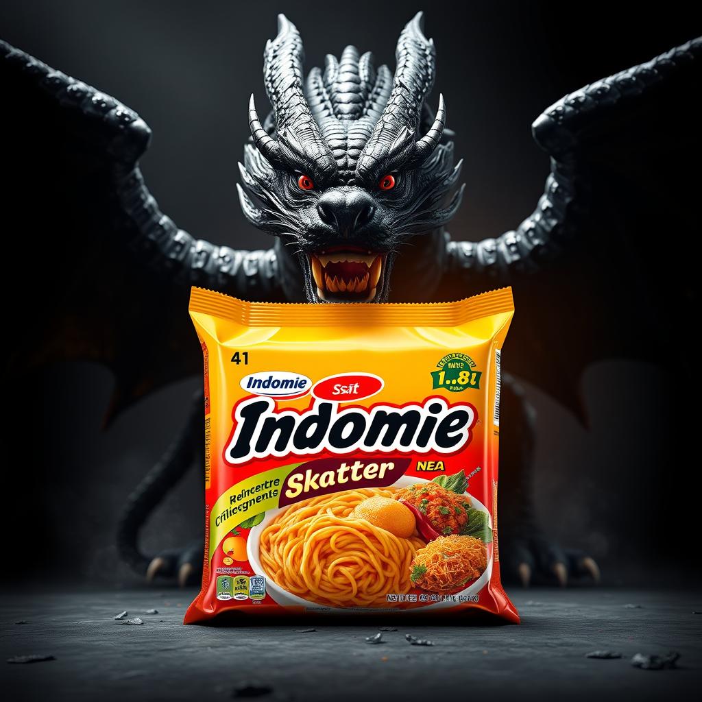 A striking depiction of Indomie packaging prominently featuring a logo that showcases the name 'Skater 1