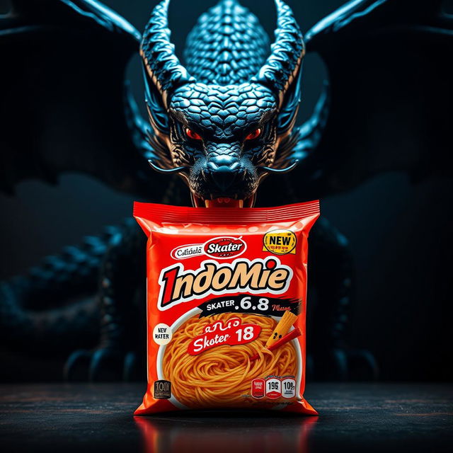 A striking depiction of Indomie packaging prominently featuring a logo that showcases the name 'Skater 1
