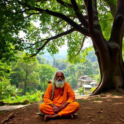 A serene forest scene in Uttarakhand, showcasing dense greenery and a small village nestled at the edge of the forest
