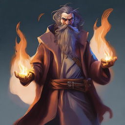 A fantasy-style digital art image depicts a funny, scruffy-looking, mute, bearded wild magic sorcerer with a goofy persona