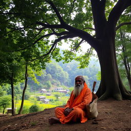 A serene forest scene in Uttarakhand, showcasing dense greenery and a small village nestled at the edge of the forest