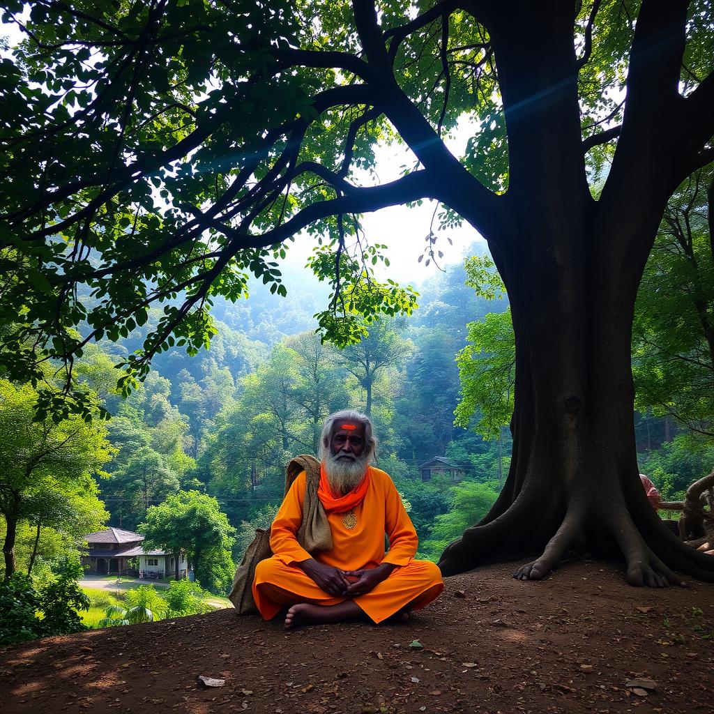 A serene forest scene in Uttarakhand, showcasing dense greenery and a small village nestled at the edge of the forest