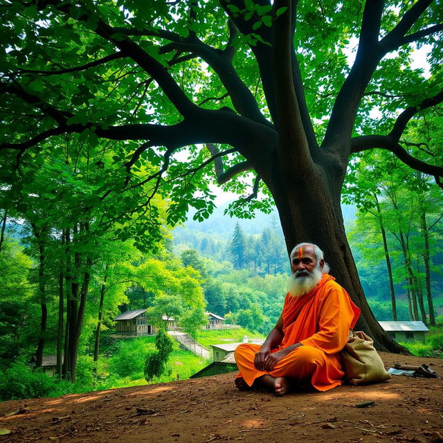 A serene forest scene in Uttarakhand, showcasing dense greenery and a small village nestled at the edge of the forest