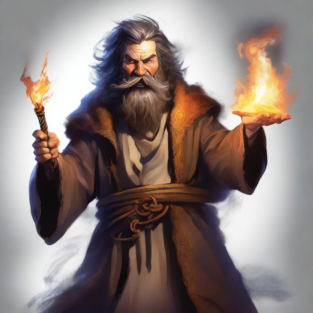 A fantasy-style digital art image depicts a funny, scruffy-looking, mute, bearded wild magic sorcerer with a goofy persona