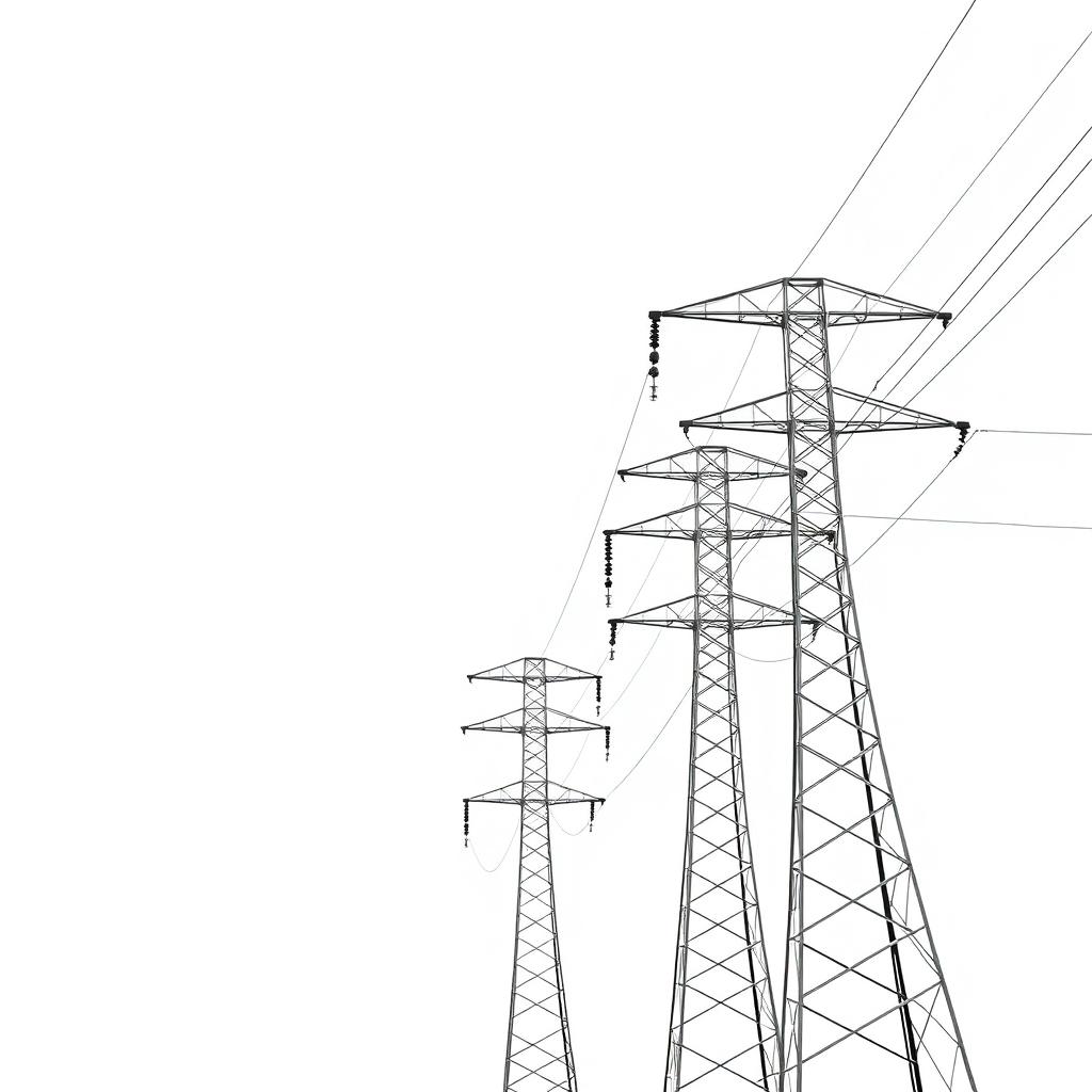 High voltage three-phase transmission line against a clean white background