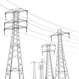 High voltage three-phase transmission line against a clean white background