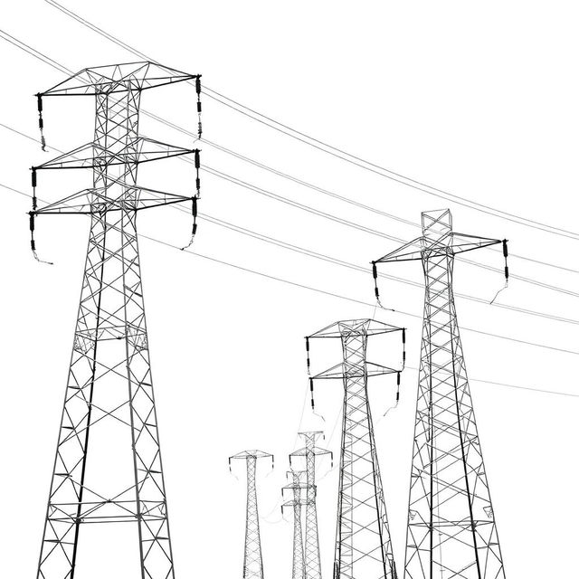 High voltage three-phase transmission line against a clean white background