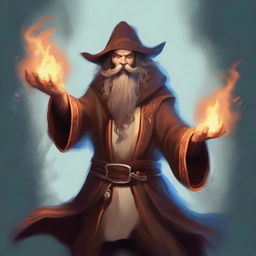 A fantasy-style digital art image depicts a funny, scruffy-looking, mute, bearded wild magic sorcerer with a goofy persona